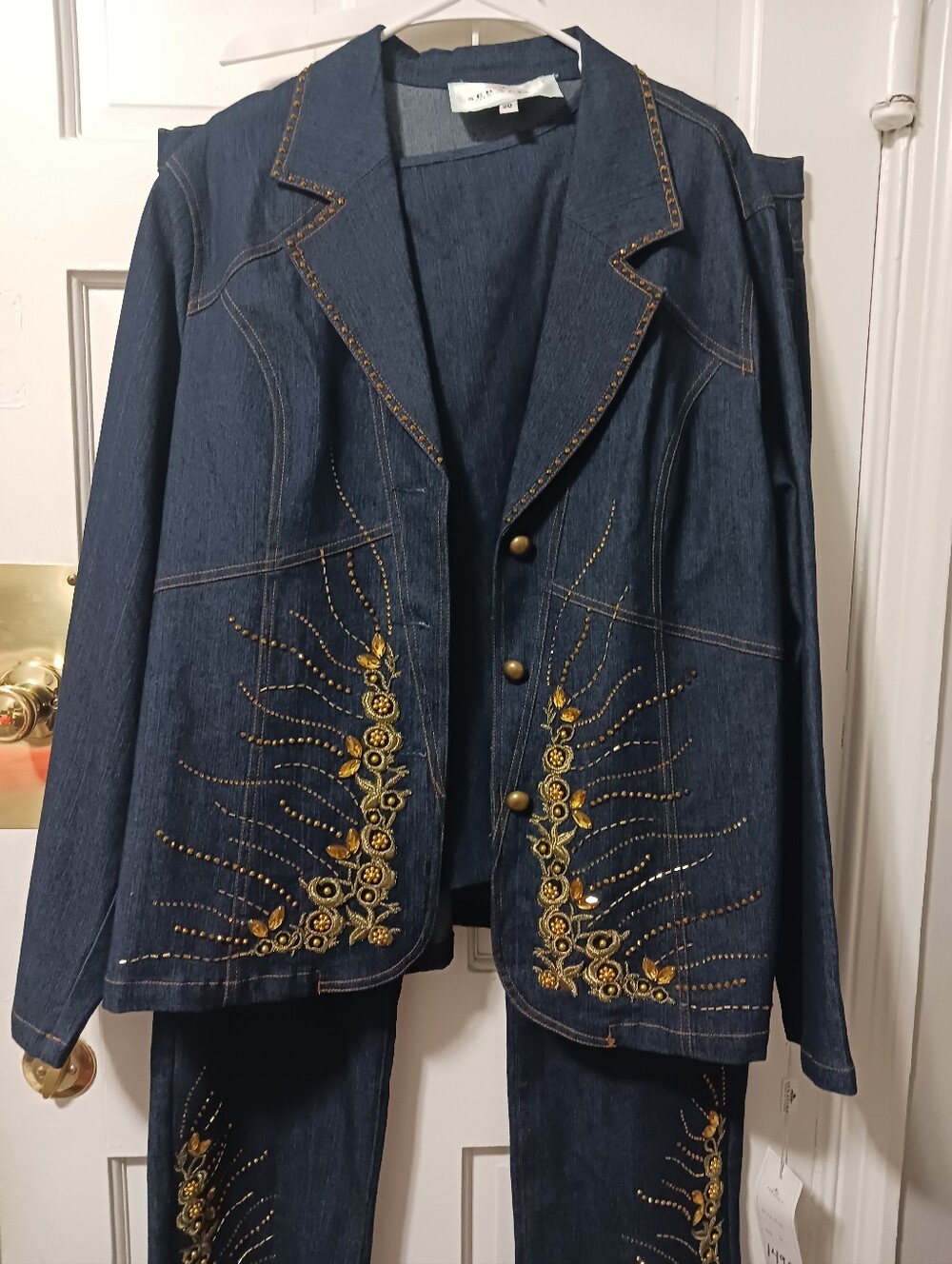 Serafina Embroidered Gold Jean Denim 3pc Suit Rhinestone Cowgirl Size 20 NWT